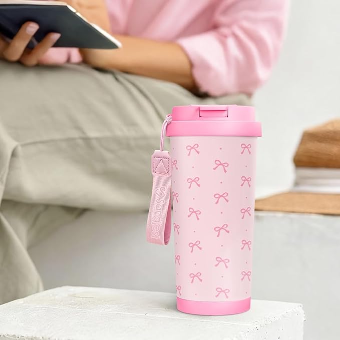 Bow Tumbler - Stainless Steel 2-in-1 Lid Coffee Tumbler 18 oz, Coquette Bow Insulated Travel Mug Gift for Women Girls Teens, Christmas Birthday (Pink) - Bloomnest