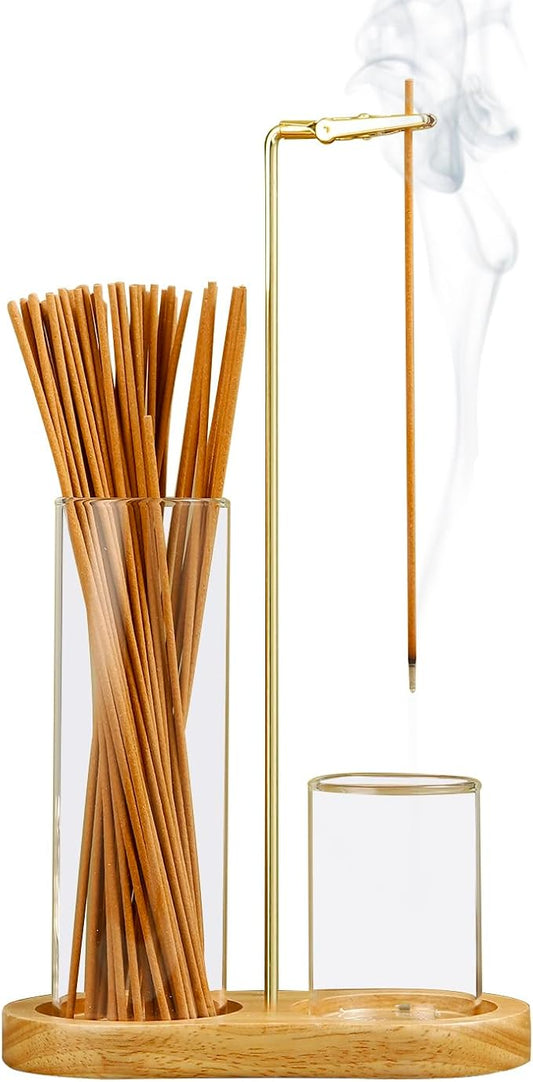 2 in 1 Incense Holder for Sticks, Anti-Ash Flying Incense Burne with Glass Ash Catcher and Incense Sticks Organizer for Meditation Yoga Spa Home Decor (Light Base) - Bloomnest
