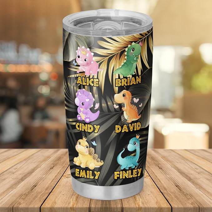 Proud Black Father Dinosaur Tumbler, 20oz or 30oz Custom Stainless Steel Mug with Kids' Names, Cute Dino Characters, Gift for Dad from Children, Personalized Father's Day Travel Cup - Bloomnest