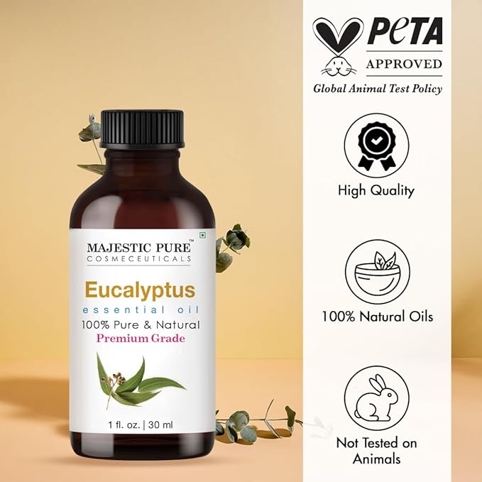Majestic Pure Essential Oil with Glass Dropper - 100% Pure and Natural - Essential Oils for Diffuser, Aromatherapy, Soap and Candle Making, Eucalyptus Essential Oil, Eucalyptus Oil, 1 Fl Oz - Bloomnest