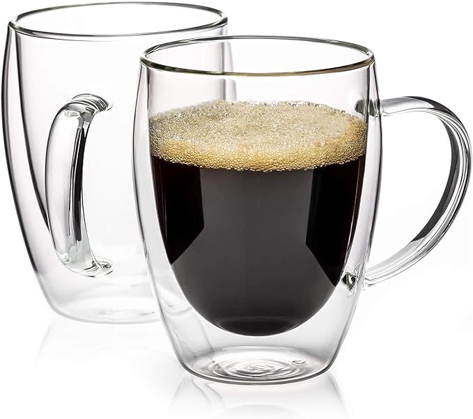 Espresso Cups Set Of 2 12 Oz, Double Walled Glass Coffee Mugs with Handle,Insulated Layer Coffee Cups,Clear Borosilicate Glass Mugs,Perfect for Cappuccino,Tea,Latte,Espresso,Hot Beverage,Wine - Bloomnest