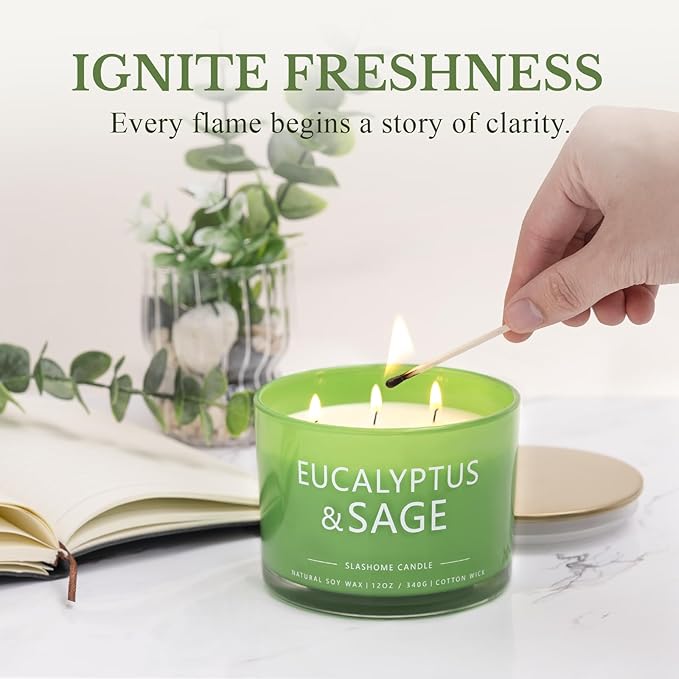 Sage & Eucalyptus Candle, Large 3 Wick 12oz Soy Candle for Home Scented, Luxury Elegant Jar Candle Gift for Women & Men, Long-Lasting Non-Toxic Burn 60+ Hours, Home Decor - Bloomnest