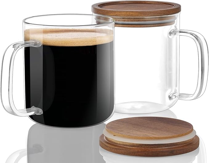 DRASTAR Glass Coffee Cups, 16 oz Coffee Mugs, Flat Bottomed Cups with Acacia Wood Lid, Glass Tea Cup with Handle, Clear Tea Cup Set of 2 - Bloomnest