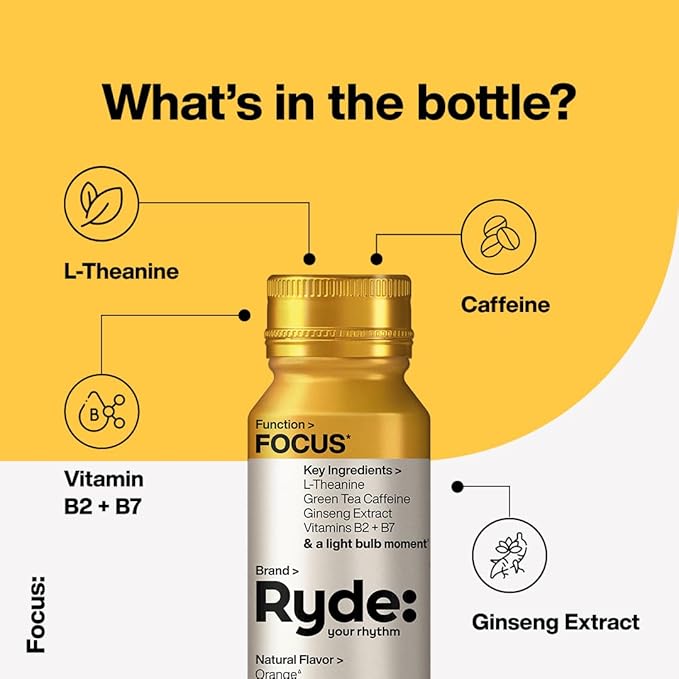 Ryde: Focus Shot | Orange Flavor | L-Theanine & Ginseng | Green Tea Caffeine | Vitamins B2 & B7 | 0 Calories, 0 Sugar | 2 FL OZ Shots | Supports Focus* (8 Pack) - Bloomnest