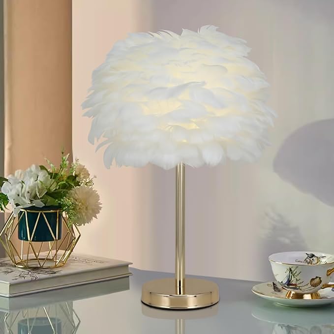ZYLEIESENBAO Chic White Feather Lamp Creative Feather Bedside Lamp Cute Furry Nightstand Light Gold Stand Fluffy Table Lamp Atmosphere for Girl Bedroom Living Room Entry Hotel Wedding Gift - Bloomnest