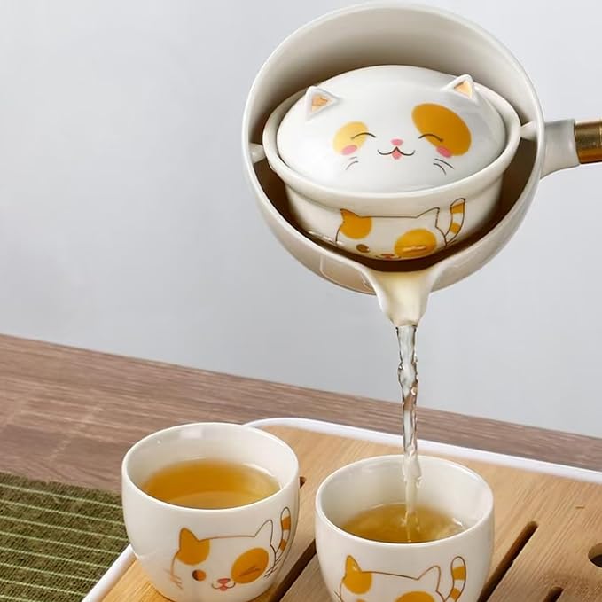 Ceramic Portable Travel Tea Set, Chinese Kungfu Tea Set with 360 Rotation Teapot and Infuser, 4 Tea Cups, Tea Tray And Travel Bag (Cute Cat)