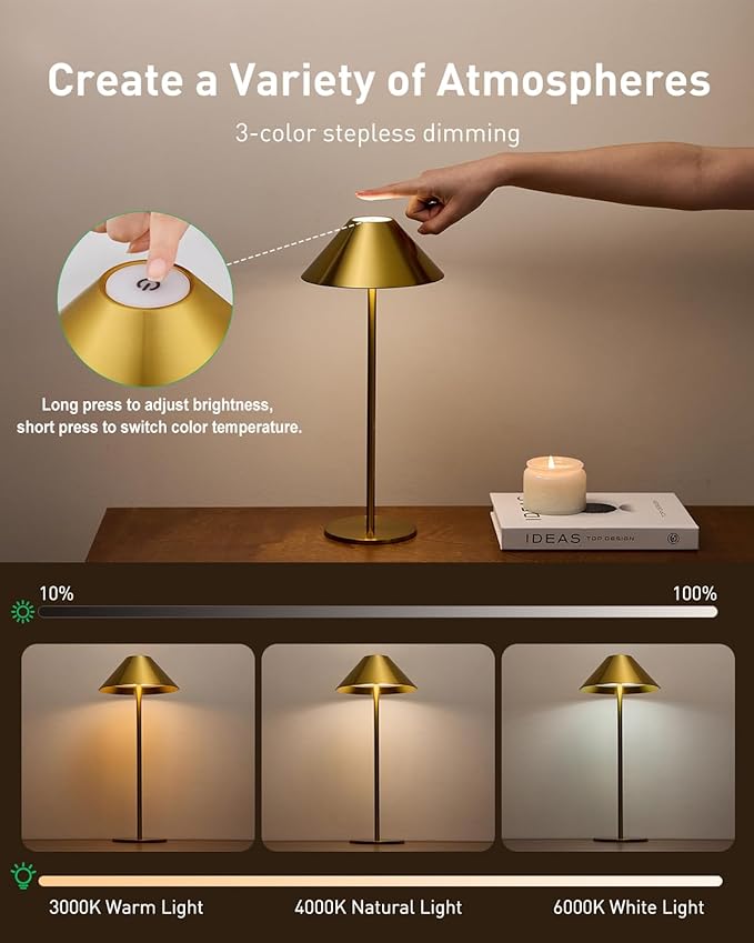 Bojim Gold Cordless Lamp Set of 2, Rechargeable Touch Table Lamps with 3 Color Dimming, Portable Wireless Lamps for Reading/Home Decor - Bloomnest