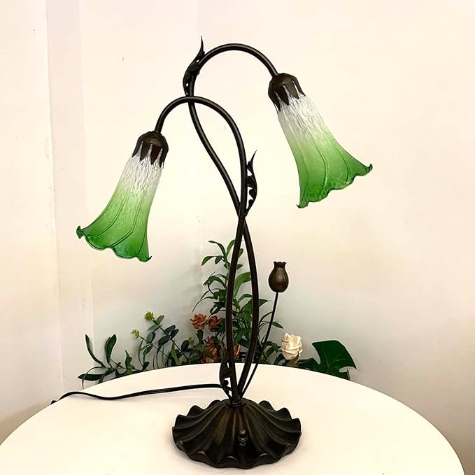 Bieye L10856 Lily Flower Blown Glass Accent Table Lamp for Living Room Bedroom Decoration (2-Light, Green) - Bloomnest
