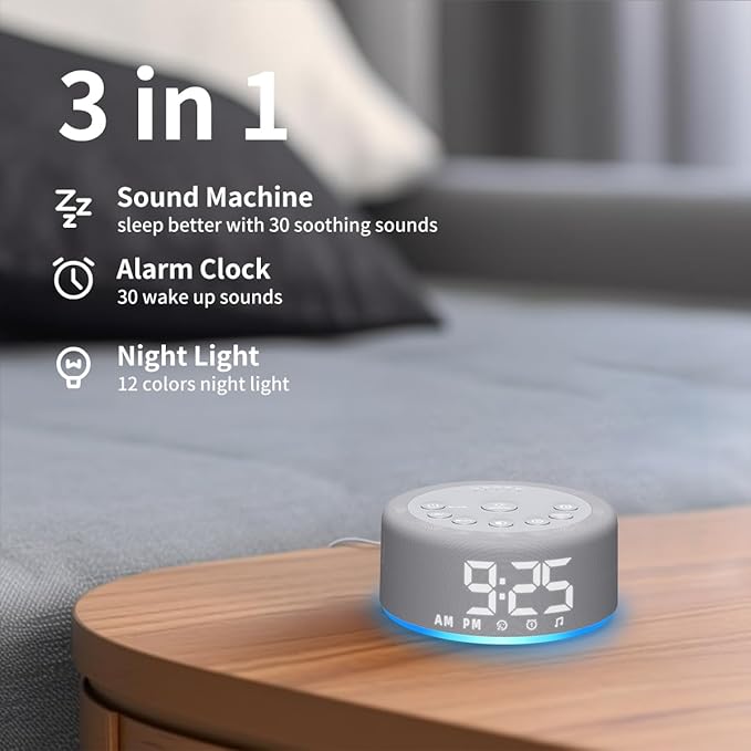 【3 in 1】 White Noise Machine with 27 Sleeping Sounds for Baby Kids Adults Sound Machine Alarm Clock Night Light Timer Memory Function 32 Level Volume Auto Off Digital Clock with 30 Wake Up Sounds - Bloomnest