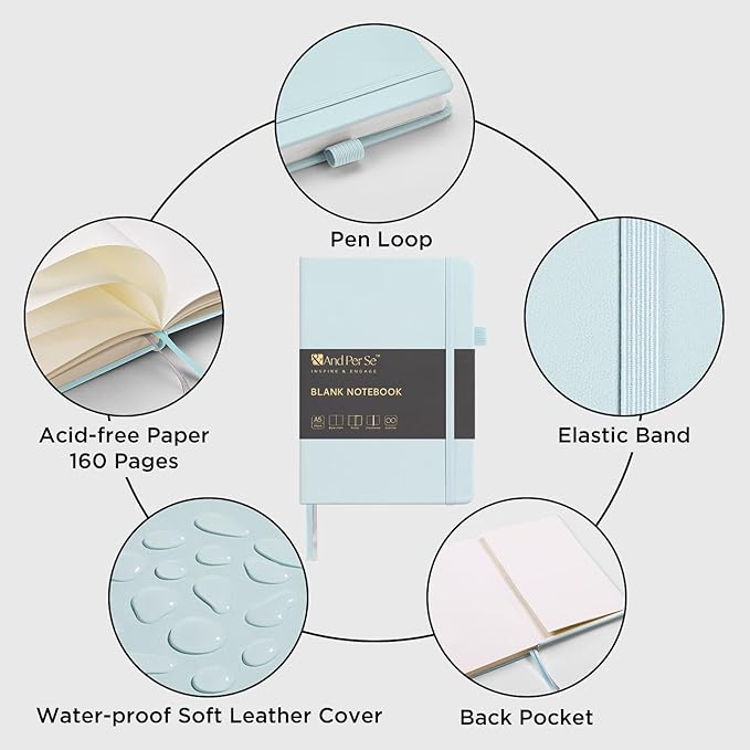 &And Per Se Blank Journal Notebook, 160 Pages, A5 5.7 x 8 inches 100 gsm Thick Paper Notebook Journals for Writing, Hardcover Notebook(1 Pack, cyan) - Bloomnest
