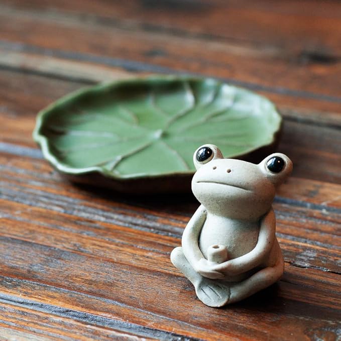 NAGU 100% Handmade Ceramic Stick Incense Burner Holder,Small Frog Incense,Lotus Leaf Tray,Mini Cute Animal Statue Home Incense Burner - Bloomnest