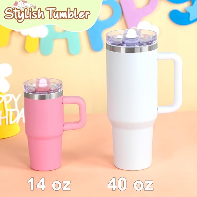 Cosictic 14 Oz Flip Straw Tumbler with Handle for Kids, Stainless Steel Double Wall Insulated Cup for Children with Flip Top Lid, 14 Oz Leak-proof Cups for Kids, Pink - Bloomnest