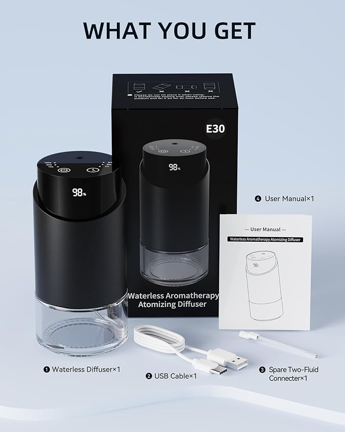 Waterless Essential Oil Diffuser Aromatherapy Scent Diffusers for Home Large Room, Car, Office, Desk, Mini Battery Operated Cordless Air Freshener, 4 Timers & 3 Mist Levels, 100ml Capacity (Black) - Bloomnest