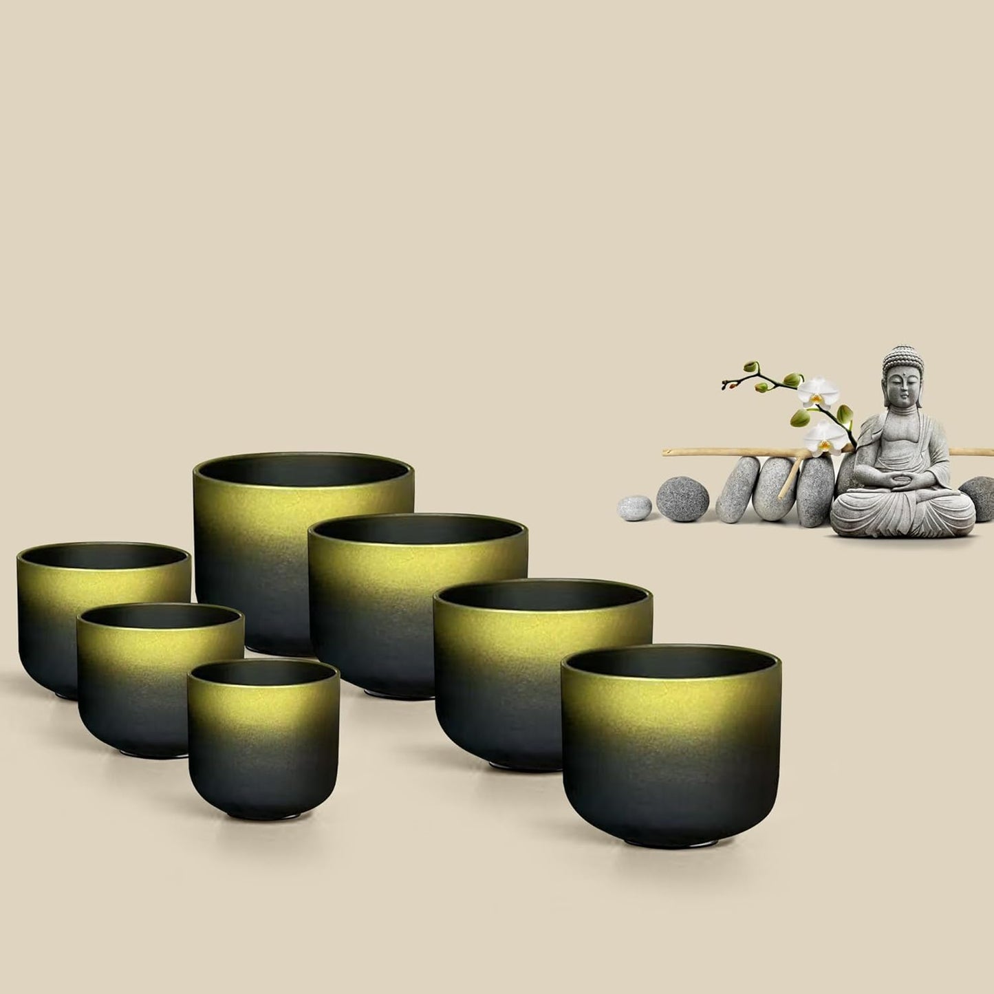 Ryan Dvan Crystal Singing Bowl Set 7-12 Inch, Black with Gold Frosted Quartz Sound Therapy Bowls with Mallets, O-Rings & 2 Carrying Cases — Chakra Healing, Reiki, Yoga, Meditation, Energy Balancing