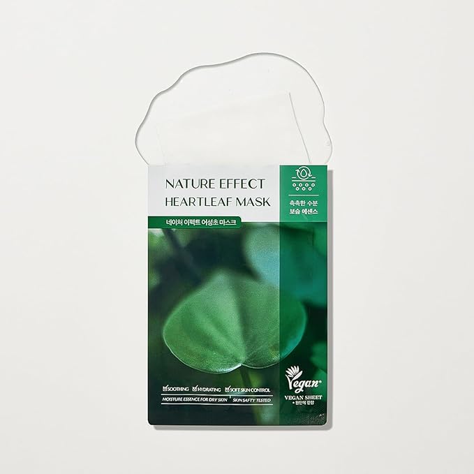 LEADERS Nature Effect Heartleaf Mask - Hydrating & Restoring Face Mask for Dry, Acne-Prone, Sensitive Skin | Soothing, Balancing, & Soft Skin Control Serum Content, Vegan Certified - 10 Sheets - Bloomnest