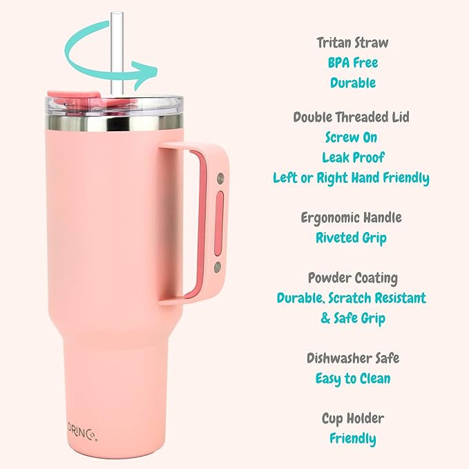 Drinco 40oz 30 oz Tumbler with Handle, Straw Lid, Insulated Stainless Steel Travel Mug Water Bottle Ice Coffee Cup For Cold and Hot, BigSur (40oz Peach)