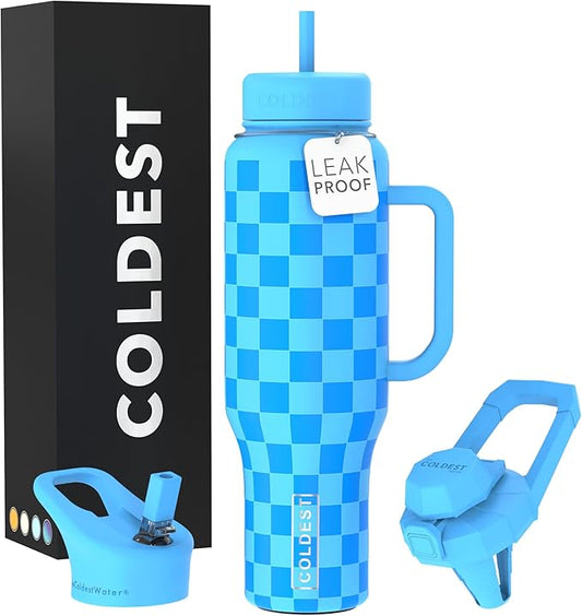 Coldest Tumbler with Handle and Straw - 100% Leak Proof Insulated Tumbler with Lid and Straw (3 Lids) - Stainless Steel Tumblers for Women & Men - Cup Holder Friendly Base, 46 oz (Blue Checkers) - Bloomnest