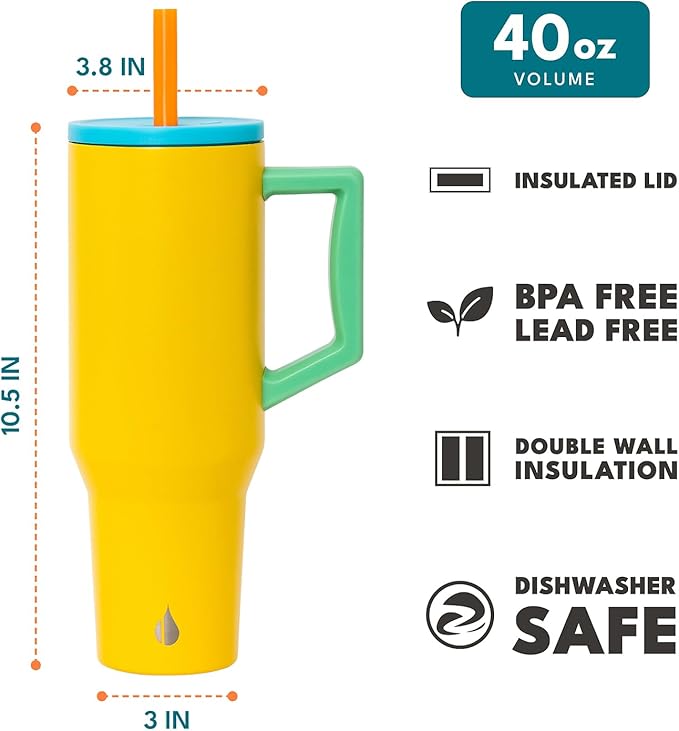 Elemental 40 oz Tumbler with Handle and Straw - Spill Proof Insulated Stainless Steel Commuter for Hot and Cold Beverages - Travel Coffee Mug with 2 Straws & Spill Proof Lid - 40oz - Lemon Zest - Bloomnest