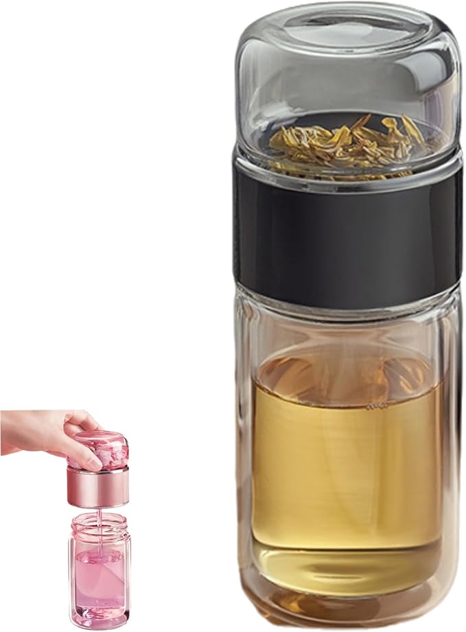 Nhdap Teava 3-In-1 Smart Tea Infuser, Tryteava Portable Leak-Proof Glass Infuser Bottle for Loose Leaf Tea, Double Layer Water Cup Separation Teapot With Strainers for Office, Travel (Black, 280ml) - Bloomnest