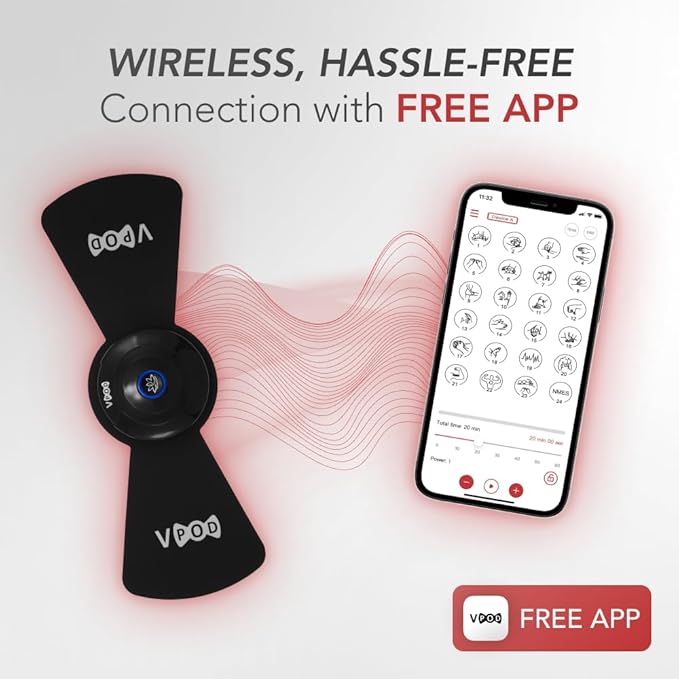 Massage Therapy Concepts VPOD Wireless TENS Unit Muscle Stimulator - Bluetooth Device with 24 Therapy Modes for Pain Relief - HSA FSA Eligible for Back Neck Nerve Pain