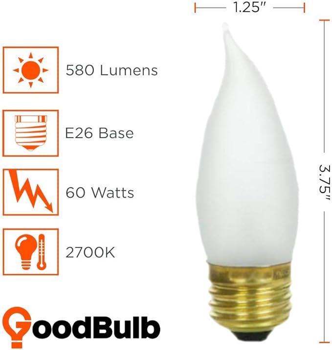 GoodBulb 25 Watt Flame Tip Light Bulbs CA10 Frosted Finish Medium E26 Base 2700K Soft White EFF Dimmable 25W 175 Lumens Decorative Chandelier Bulbs Incandescent (Pack of 12) - Bloomnest