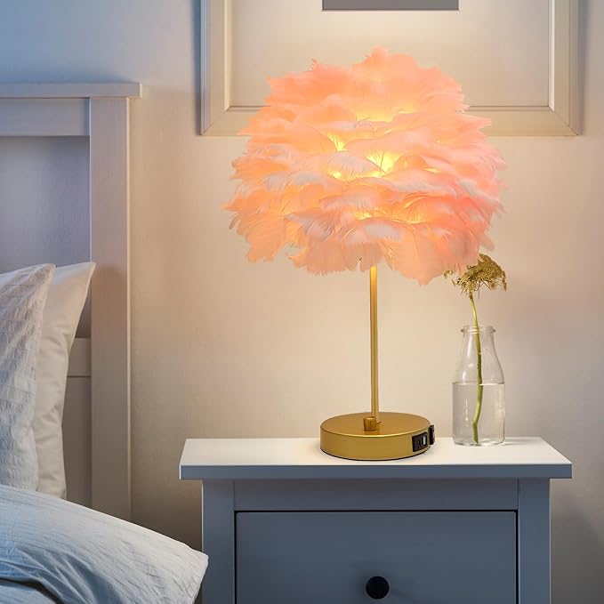 ZYLEIESENBAO Pink Feather USB Charger Table Lamp Feather Bedside Lamp Cute Nightstand Lamp with Outlets Princess Desk Light for Girl Bedroom Living Room Entryway Hotel Wedding Women's Gift Decoration - Bloomnest