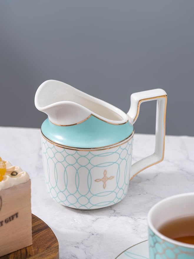 Jusalpha Fine China Blue Coffee Cup/Teacup Set, 8 OZ Cups& Saucer Service for 4, with Teapot-Sugar Bowl-Cream Pitcher Teaspoons and tea strainer for Tea/Coffee, 17-Pieces (Blue) - Bloomnest