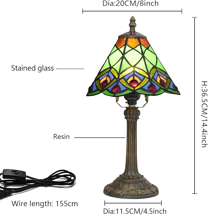 8 Inch Tiffany Style Stained Glass Table Lamp, Peacock Feather Pattern Retro Style Design, Suitable for Bedroom Bedside Lamp Office Study and Other Home Art Decoration (Green) - Bloomnest