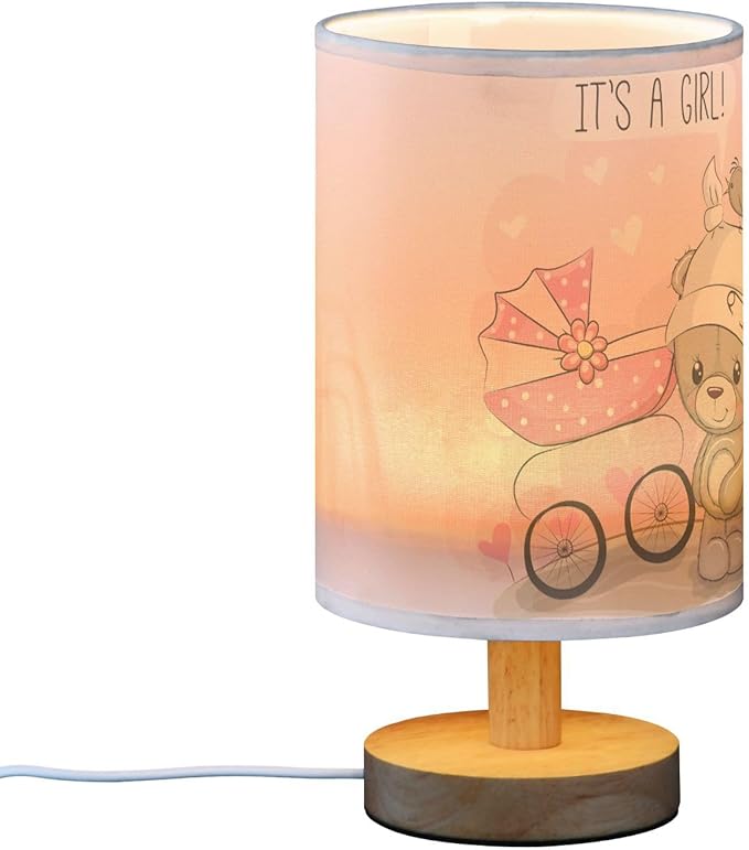 Table Lamp Teddy Bear with Pink Baby Carriage Heart Quote It's A Girl Nightstand Lamp with Wood Base Fabric Lamp Shade Bedside Desk Lamp for Living Room Bedroom Kids Room Office - Bloomnest