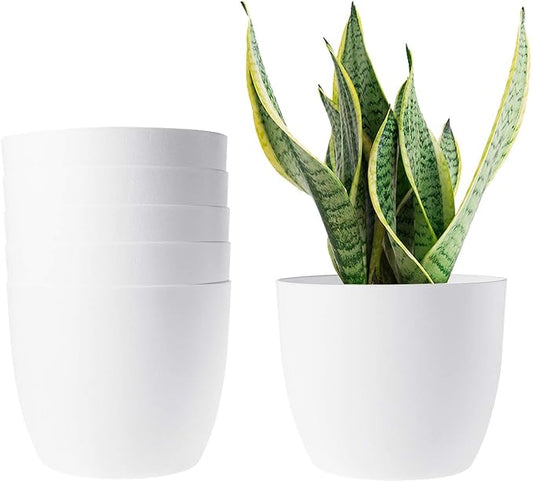 T4U 6 Inch Self Watering Planters Plastic Plant Pot, Modern Decorative Flower Pot/Window Box for All House Plants, Flowers, Herbs, African Violets, Succulents - White, Set of 6 - Bloomnest