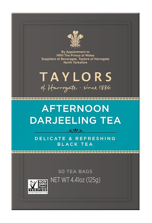 Taylors of Harrogate Afternoon Darjeeling, Black Tea, Pillow Bags 50 Count (Pack of 1), Delicate, Sweet & Floral, Caffeinated, Enjoy Hot or Iced, 50 Teabags - Bloomnest