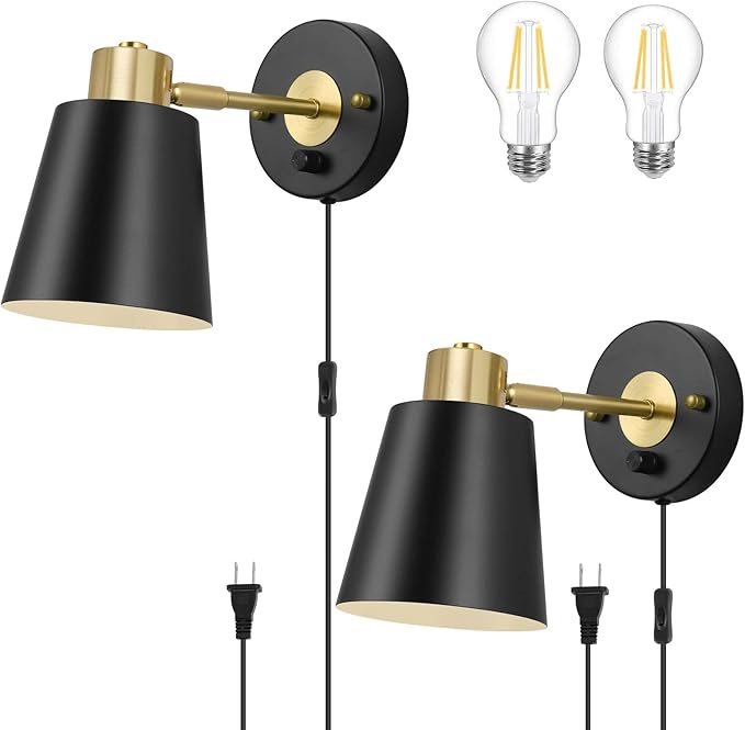 Wall Sconce Plug in, Dimmable Wall Sconces Adjustable Wall Lights with Plug in Cord and Dimmer On/Off Rotary Switch, Wall Mounted Light for Bedside Bedroom LivingRoom(2 Bulbs Included) - Bloomnest