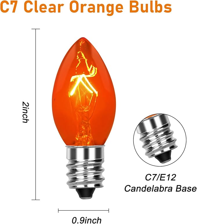GOOTHY 25 Pack C7 Orange Halloween Light Bulbs, C7 Clear Orange Replacement Light Bulbs E12 Candelabra Base Bulbs for Halloween Christmas Outdoor String Lights Candles, Night Lights Bulbs 5W 120V - Bloomnest