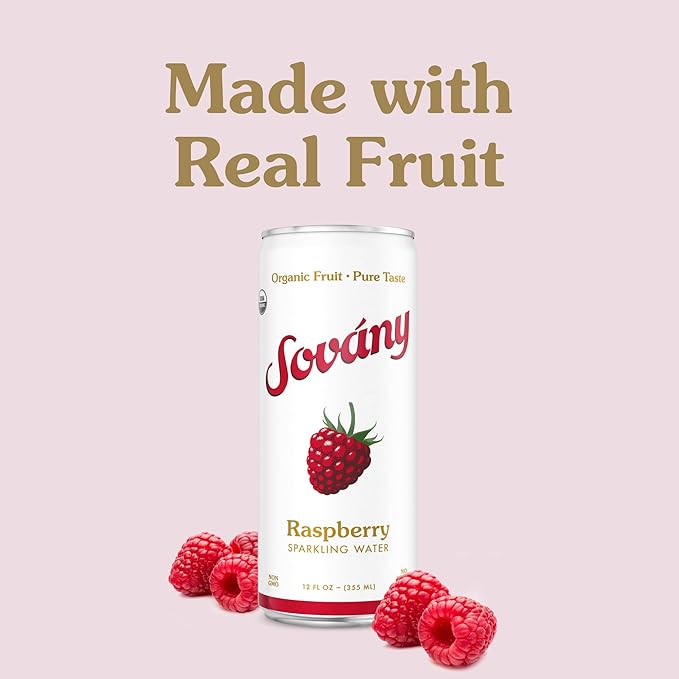 Sovány Sparkling Water, Raspberry, Seltzer Water Drinks, USDA Organic, Made With Real Fruit, Non-GMO, Vegan, No Added Sugar, Low Calorie, 12 fl oz, 12 Pack - Bloomnest