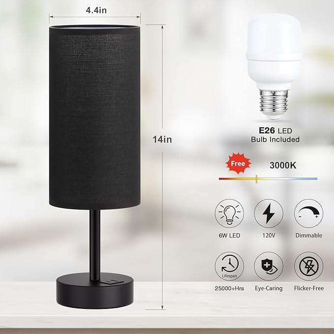 Dicoool Black Touch Bedroom Lamp with USB - 3 Way Dimmable Table Lamp for Bedroom, Nightstand Lamp with Black Charging Station for Desk Dorm, Office, Boy Kids Room, Small - Bloomnest