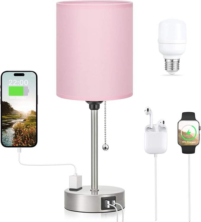 Pink Bedroom Lamp for Bedside - 3 Color Temperatures Desk Lamp with USB C and A Ports, Pull Chain Table Lamp with AC Outlet, Nightstand Lamp with Silver Metal Base for Kids Girls - Bloomnest