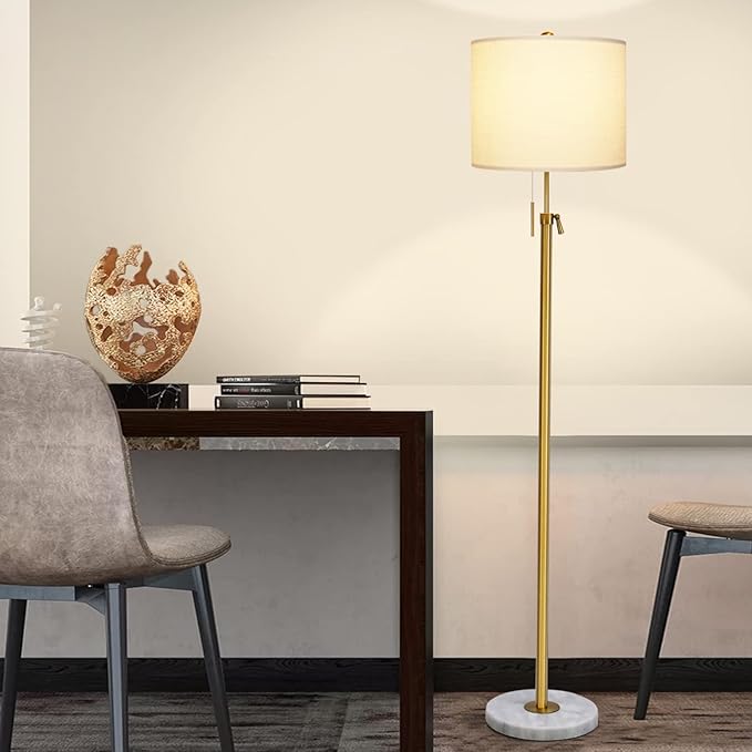 【Upgrade】 Gold Floor Lamps for Living Room, 55"-67" Height Adjustable Modern Standing Lamp with Marble Base, Pull Chain Switch, 3-Way Dimmable Tall Pole Lamp for Bedroom Office Reading, Bulb Included - Bloomnest