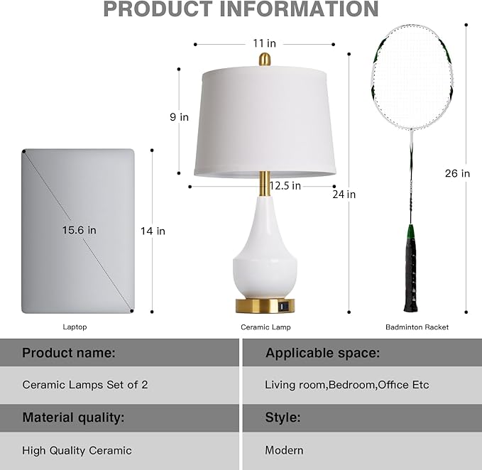 Modern White Table Lamp Set of 2, 24" Ceramic Table Lamp with USB A+C Ports,Classic Beside Lamps Nightstand Lamp Modern Lamp for Living Room, Bedroom & Office -LED Bulbs Included - Bloomnest
