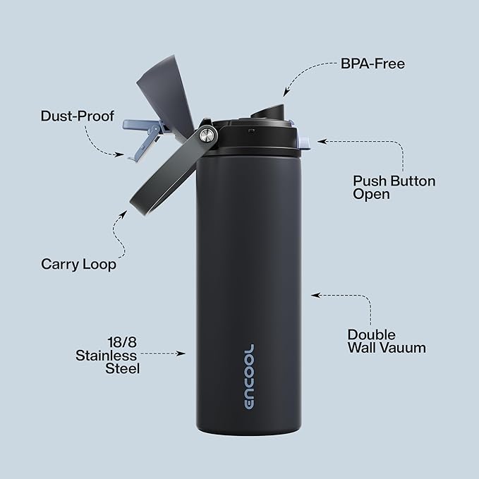 Insulated Water Bottle with Straw - Encool Stainless Steel Water Bottle with Push Button Lid, Leak-Proof & BPA-Free, Keeps Cold for 24 Hours for Sports, Travel, Gym (24 oz, Tuna Grey-Silver) ENCOOL