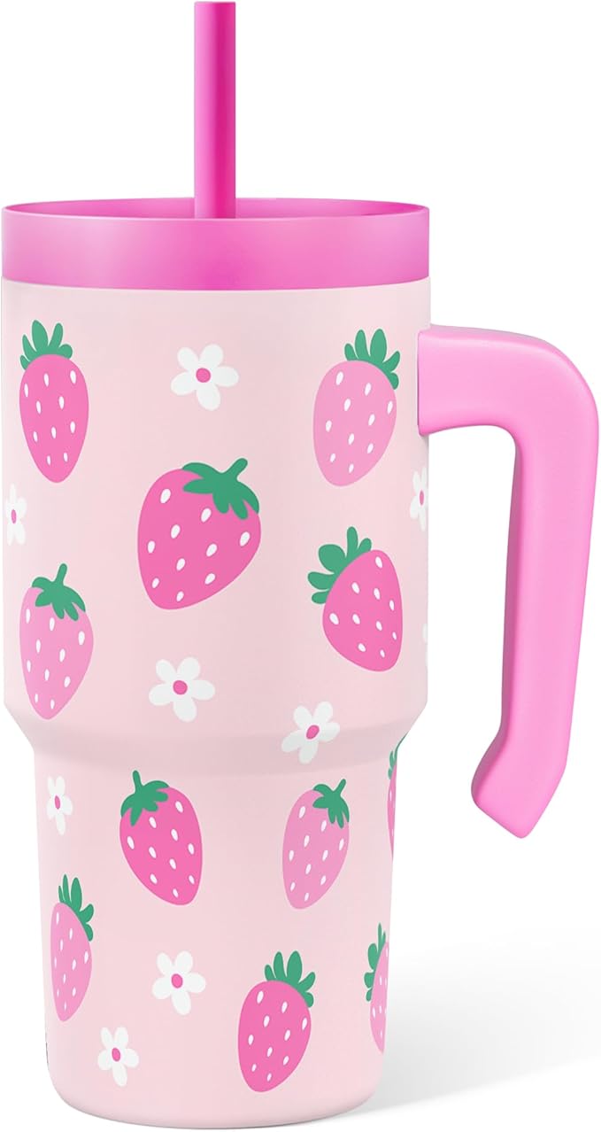 Strawberry Tumbler 20oz with Handle and Silicone Straw Lid for Kid, Insulated Stainless Steel Cup, Gift for Kids Girls, Gifts Idea for Birthday Christmas Back to School - Bloomnest