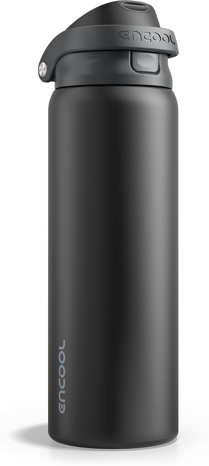 ENCOOL Leakproof Insulated Water Bottle with Straw Dual-Sip Water Bottle Bag-Safe Design for Work, Commute & Gym – Keeps Drinks Cold All Day, 24 oz, Jet Black ENCOOL