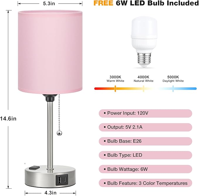 Pink Bedroom Lamp for Bedside - 3 Color Temperatures Desk Lamp with USB C and A Ports, Pull Chain Table Lamp with AC Outlet, Nightstand Lamp with Silver Metal Base for Kids Girls - Bloomnest