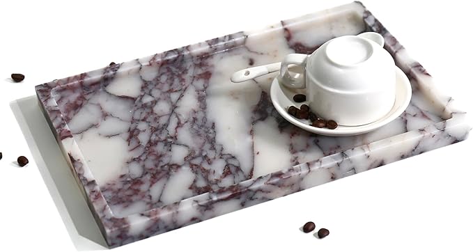 Real Luxurious Natural Marble Vanity Tray Genuine Marble Storage Tray for Home Decor Stone Tray for Bathroom/Kitchen/Vanity/Dresser Non-Resin/Non-Ceramic/Viola Oval Set - Bloomnest