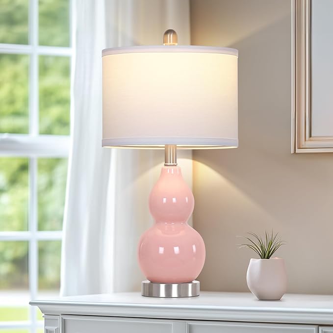 Double Gourd Ceramic Table Lamps Set of 2, Modern Pink Bedside Lamps for Night Stand, Contemporary Nightstand Lamps for Bedroom Living Room (Bulb Included) - Bloomnest