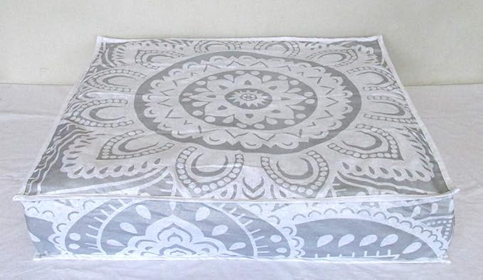24" White Silver Flower Mandala Barmeri Large Floor Pillow Cover Cushion Meditation Seating Ottoman Throw Cover Hippie Decorative Zipped Bohemian Pouf Ottoman Pom Pom Cases (Silver, 24 " square) - Bloomnest