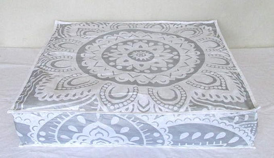 24" White Silver Flower Mandala Barmeri Large Floor Pillow Cover Cushion Meditation Seating Ottoman Throw Cover Hippie Decorative Zipped Bohemian Pouf Ottoman Pom Pom Cases (Silver, 24 " square) - Bloomnest