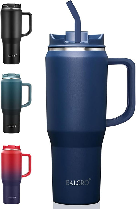 Insulated Coffee Mug Cup with Lid, 40 oz Tumbler with Handle and Straw, Double walled Stainless Steel Coffee Tumbler, Thermal Water Bottle Jug, Navy Blue - Bloomnest