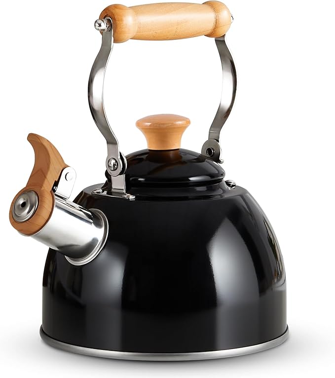 ROCKURWOK Tea Kettle, Tea Pot with Cool Touch Ergonomic Handle, Teapot Food Grade Stainless Steel, Tea Kettle Stovetop, Kettle Teapot, Whistling Tea Kettle, Small Tea Pot, 1.6 Quart (Black) - Bloomnest