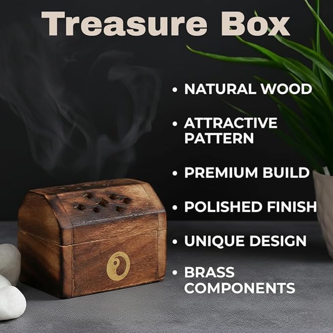 Bless-International Traditional-Handmade-Burner Wooden-Incense-Stick-Holder Ash-Catcher-Stand for-Aromatherapy-Meditation-Yoga (Treasure Box Wooden Charcoal/Cone) - Bloomnest