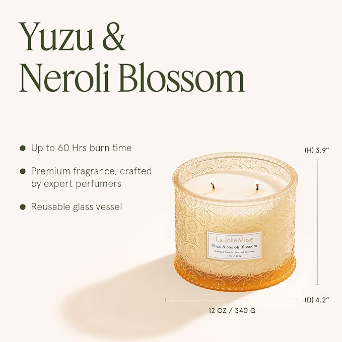 LA JOLIE MUSE Yuzu & Neroli Blossom Candle - Yuzu, Orange Blossom, Cedarwood | 12 oz Large 2-Wick Soy Wax Candle | 60 Hours Clean Burn | Citrus Scented Candle | Elegant Home Décor - Bloomnest